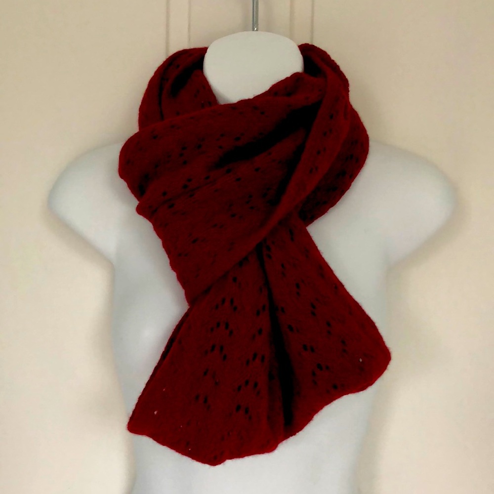 Wool Cashmere Lacy Pointelle Knit Infinity Circle Scarf Bordeaux Red Burgundy